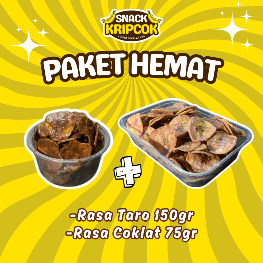 

Paket Hemat Keripik Pisang Rasa Taro 150g dan Rasa Coklat 75gr - Cemilan Viral 2 Varian Rasa