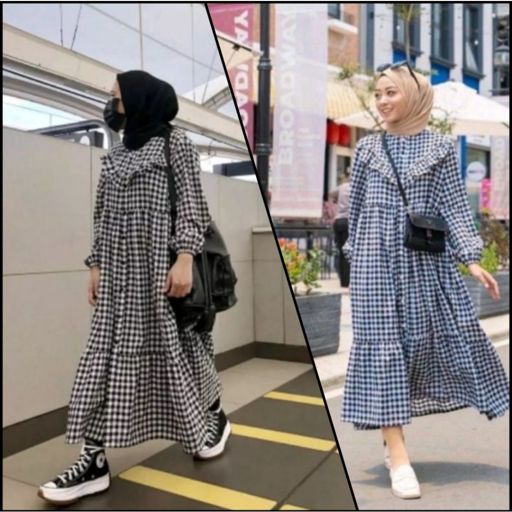 Midi Dress KOTAK Terbaru bahan katun premium /Midi Dress - Gamis Katun Kotak Premium / TUNIK MILES K