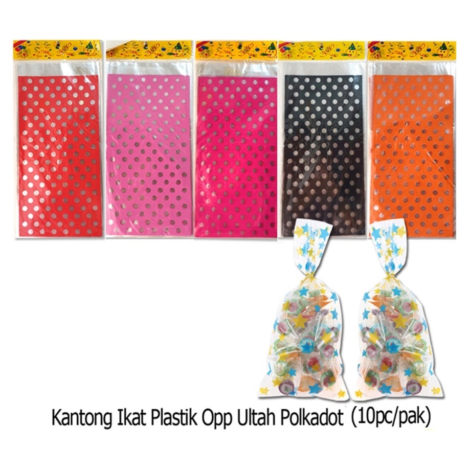 

10Pcs Uk M Kantong Ikat Plastik Opp Ultah Motif Polkadot, plastik snack ultah, kantong souvenir, tas plastik kado ultah