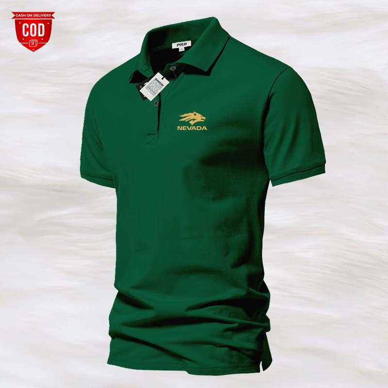 POLO SHIRT PRIA baju kaos kerah / kaos berkerah Nevada Text Logo Gold Kiri / Kaos Polo Atasan Tshirt