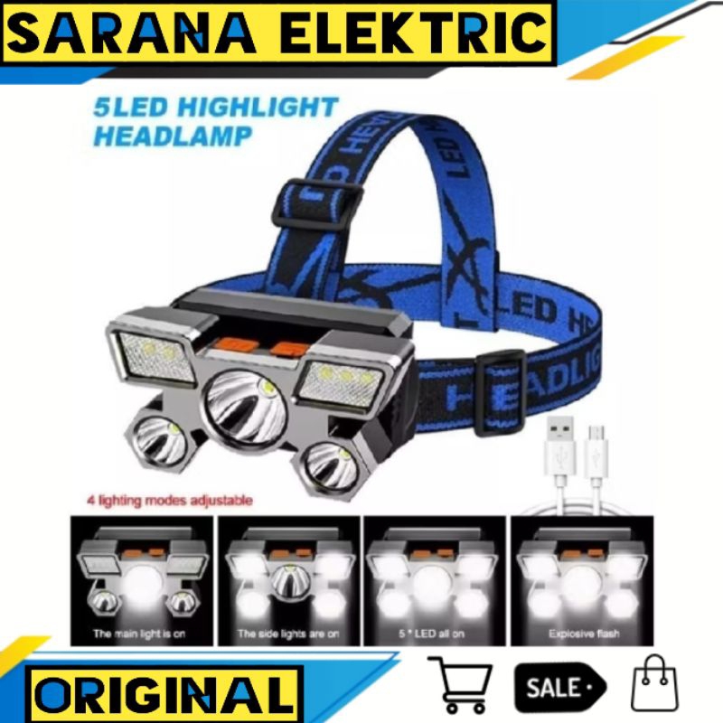 SENTER KEPALA MINI 5 LED HEADLAMP 5LED USB RECHARGEALE SENTER MINI CAS H501 H 5P1