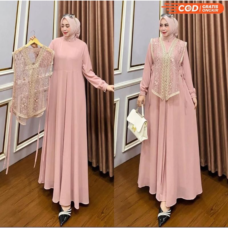 Gamis Brokat Terbaru 2025 Mewah Kekinian Lora Dress Maxy Bahan Ceruty babydoll Mix Brukat Aplikasi R