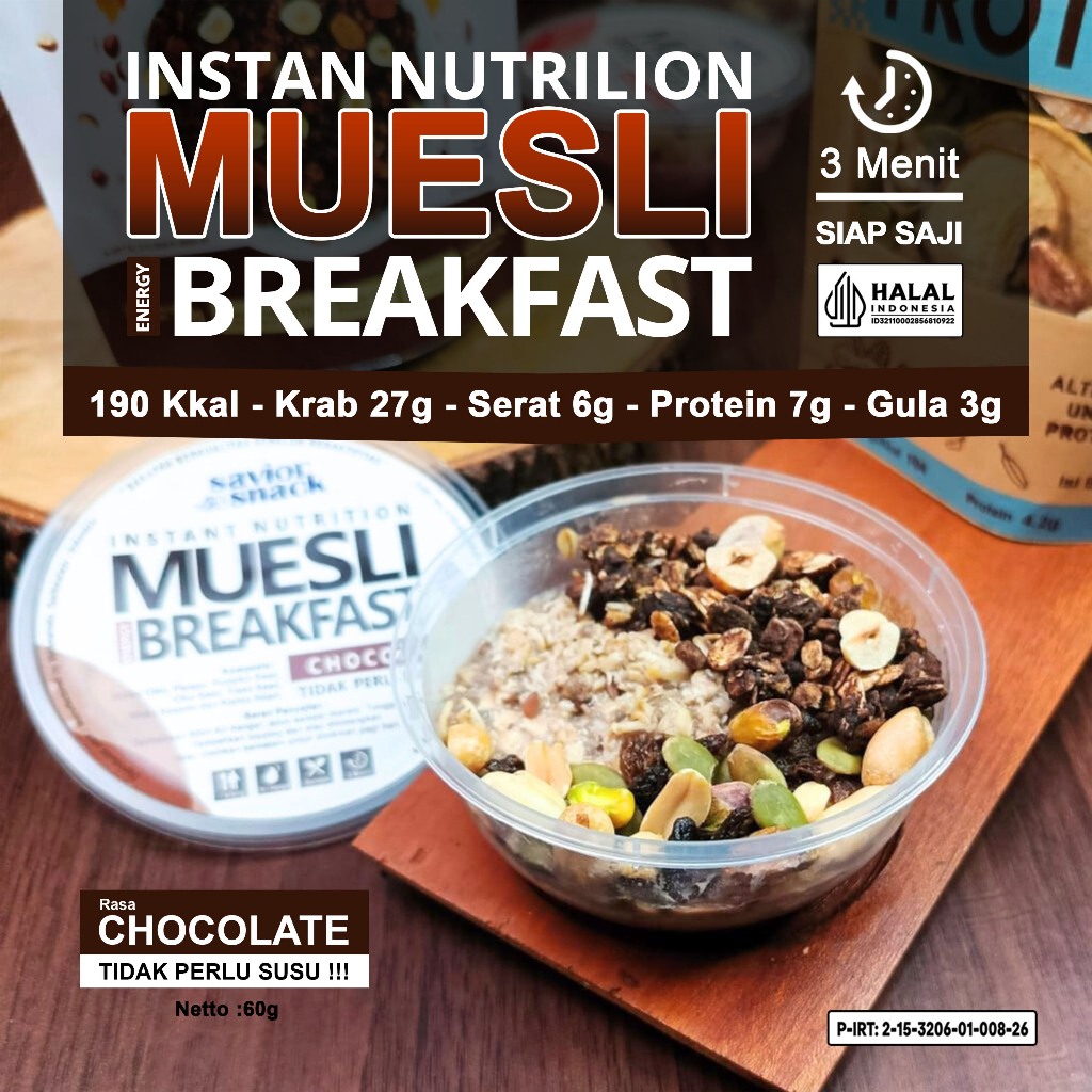 

MUESLI CHOCOLATE 3 Menit SIAP SAJI Tidak Perlu Susu - Overnight Oats Oatmeal menu Sarapan Praktis Rendah Kalori Untuk Diet | Savior Snack