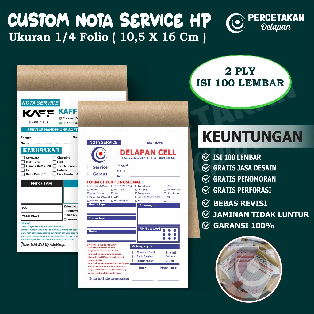 Custom nota service HP 2 ply - isi 100 lembar - nota konter - nota penjualan