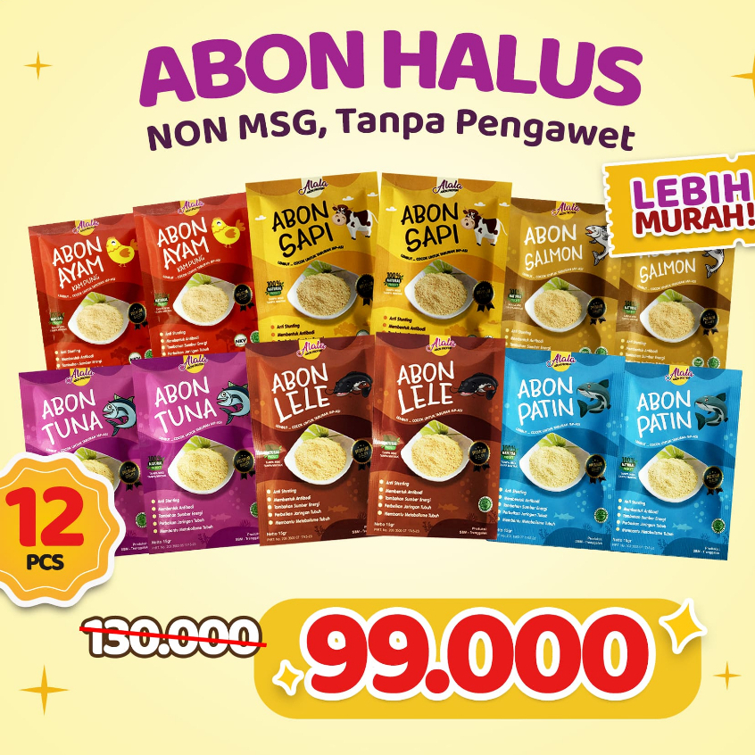 

[HEMAT 12 PCS] ABON MPASI Booster Bb Bayi Varian Abon Sapi Ayam Salmon Tuna Patin Lele Anti GTM