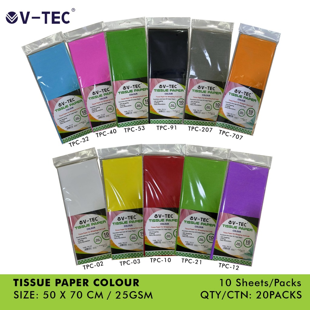 

(1 PACK) TISSUE PAPER V-TEC / 10 LEMBAR KERTAS TISU VTEC COTTON FLOWER WRAP WRAPPING PAPER BUNGKUS BUKET BUNGA KERTAS HAMPERS CELLOPHANE FLORIST GOLD SILVER EMAS DEKORASI CRAFT CRAFTING WARNA WARNI MURAH / M21 STATIONERY JOGJA