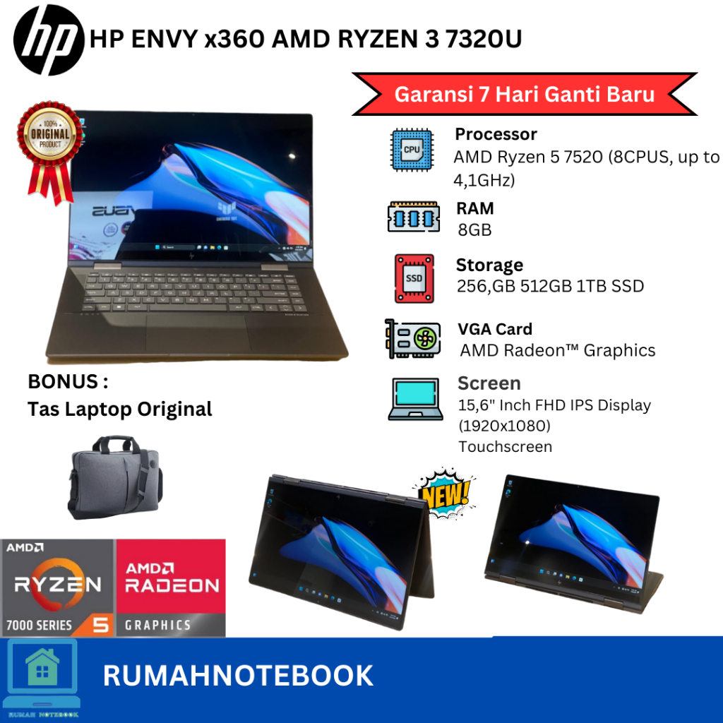 Laptop Baru  Hp Envy x360 15,6 inci amd ryzen 5 7520u