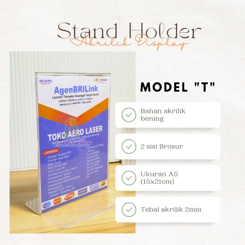STAND MEJA AKRILIK MODEL T AGEN BRILINK BIAYA ADMIN, PENGUMUMAN,, QRIS DLL