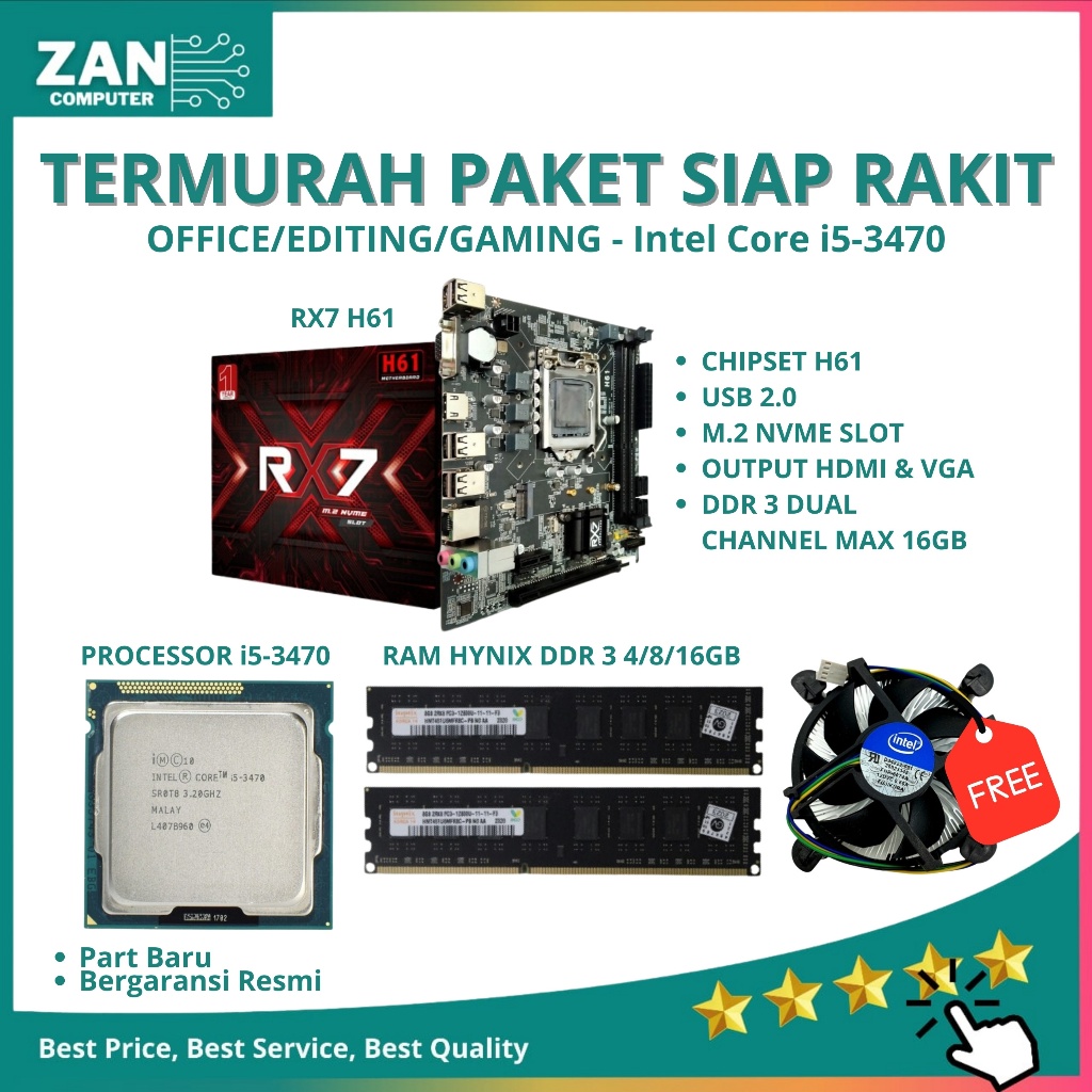 SW17 Paket Pc Gaming Fullset Motherboard H61 RX7 - Mainboard H61 LGA 1155 Core i5/i3 DDR 3 Mainboard