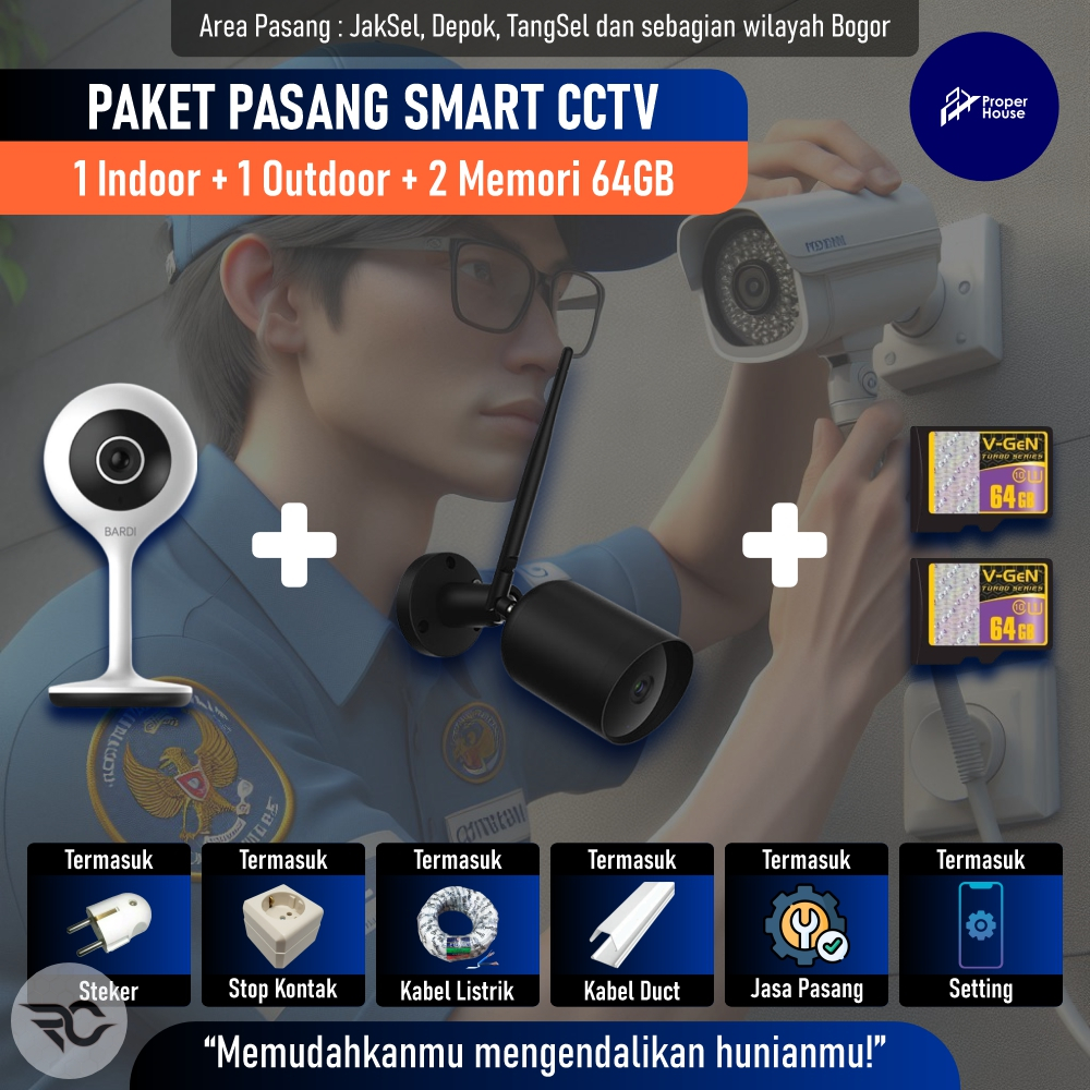 Paket Pasang Smart CCTV Bardi (1 Indoor Static + 1 Outdoor Static + 2 Memory 64GB)