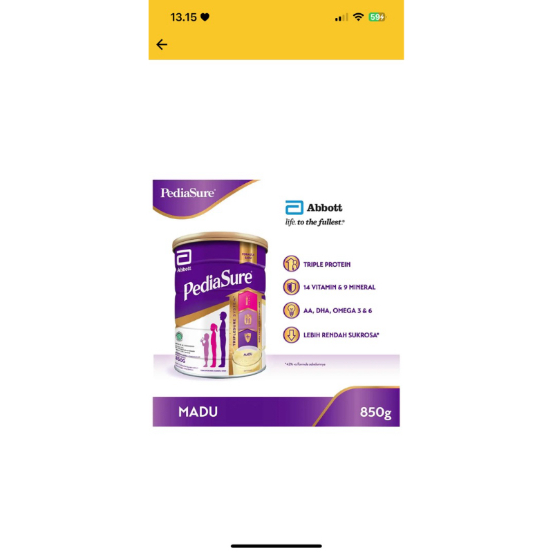 

Abbott Pediasure Triple Protein Madu 850g