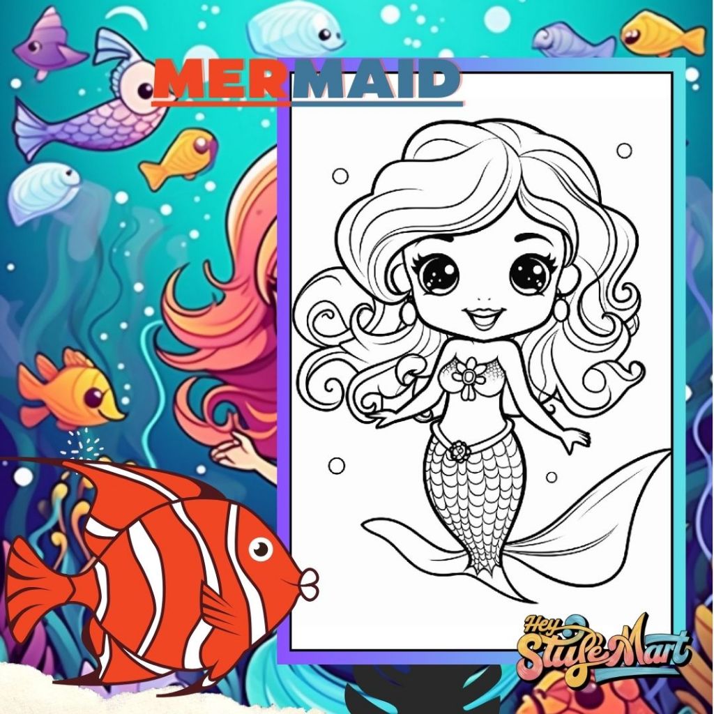 KERTAS MEWARNAI/COLORING PAGES/KERTAS GAMBAR/MERMAID/PUTRI DUYUNG/BELAJAR MEWARNAI TK-SD/A4-A5 /MM-4