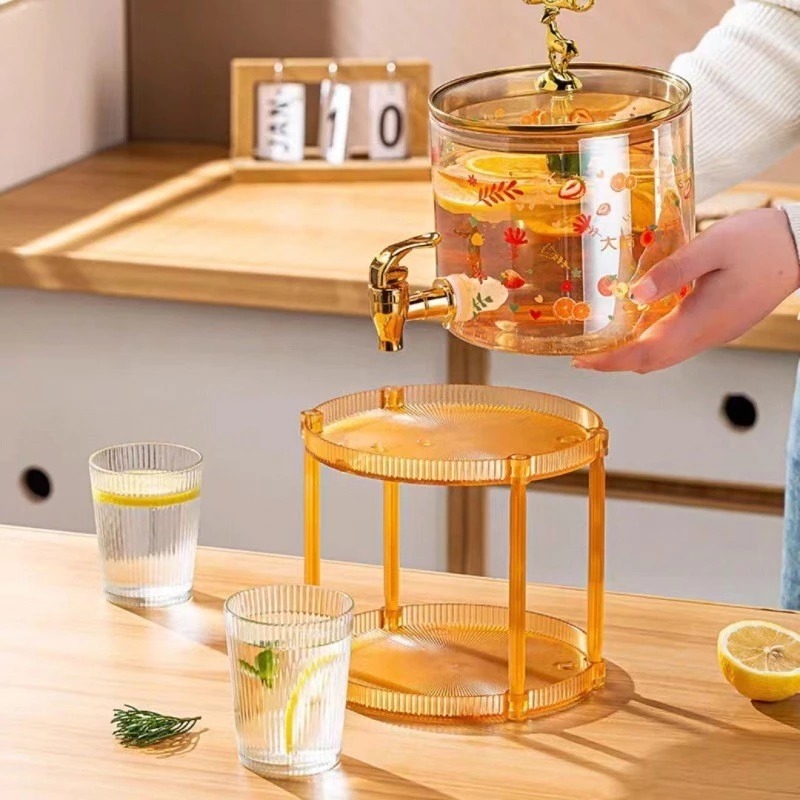 Dispenser Air Kaca | Ketel Air Dingin Kaca dengan Tatakan Kayu | Tempat Minuman Es Jus