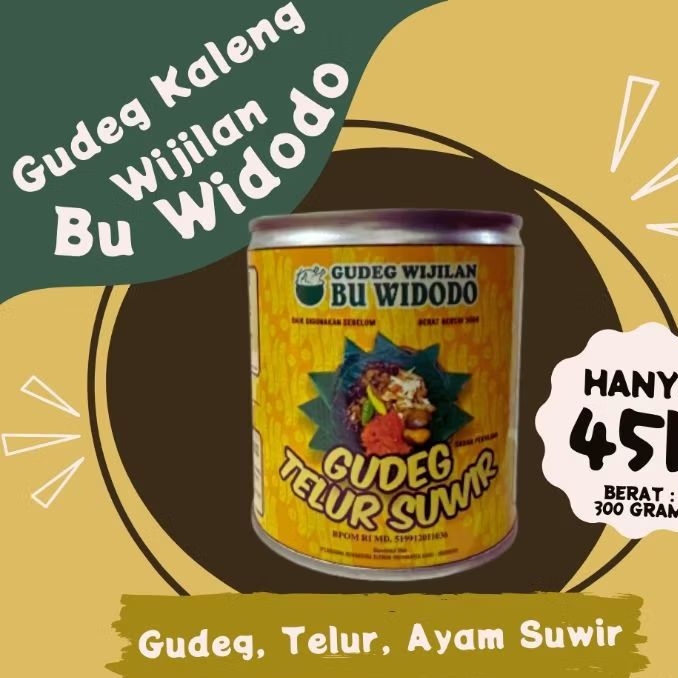 

Gudeg Kaleng Wijilan Bu Widodo - Isi Gudeg Krecek Telur Dengan Ayam kampung Suwir Berat 250g Sudah BPOM