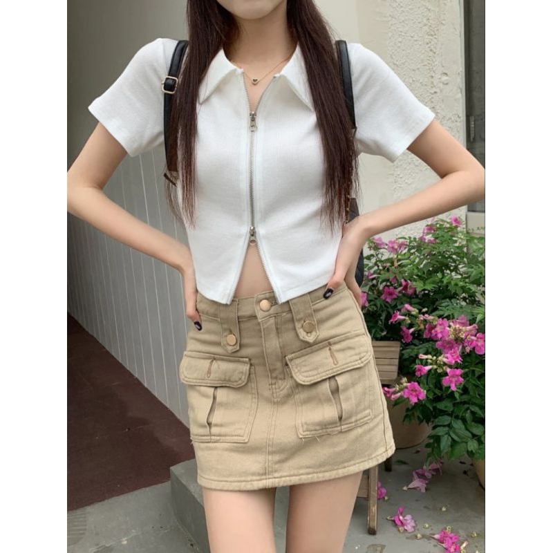 Crop Top Lengan Pendek Wanita kaos lengan pendek Crop Top Cardigan Wanita Baju Atasan