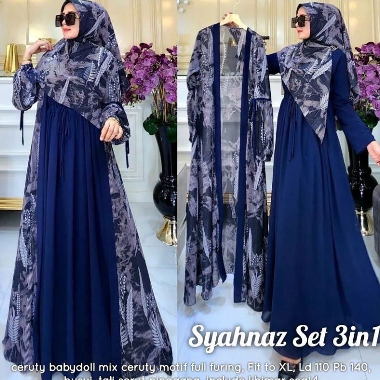 Seller Resmi  Syahnaz Set 3in1 Syari Mewah Gamis Terbaru 223 Lebaran Wanita Setelan Dress  Outer  Ke