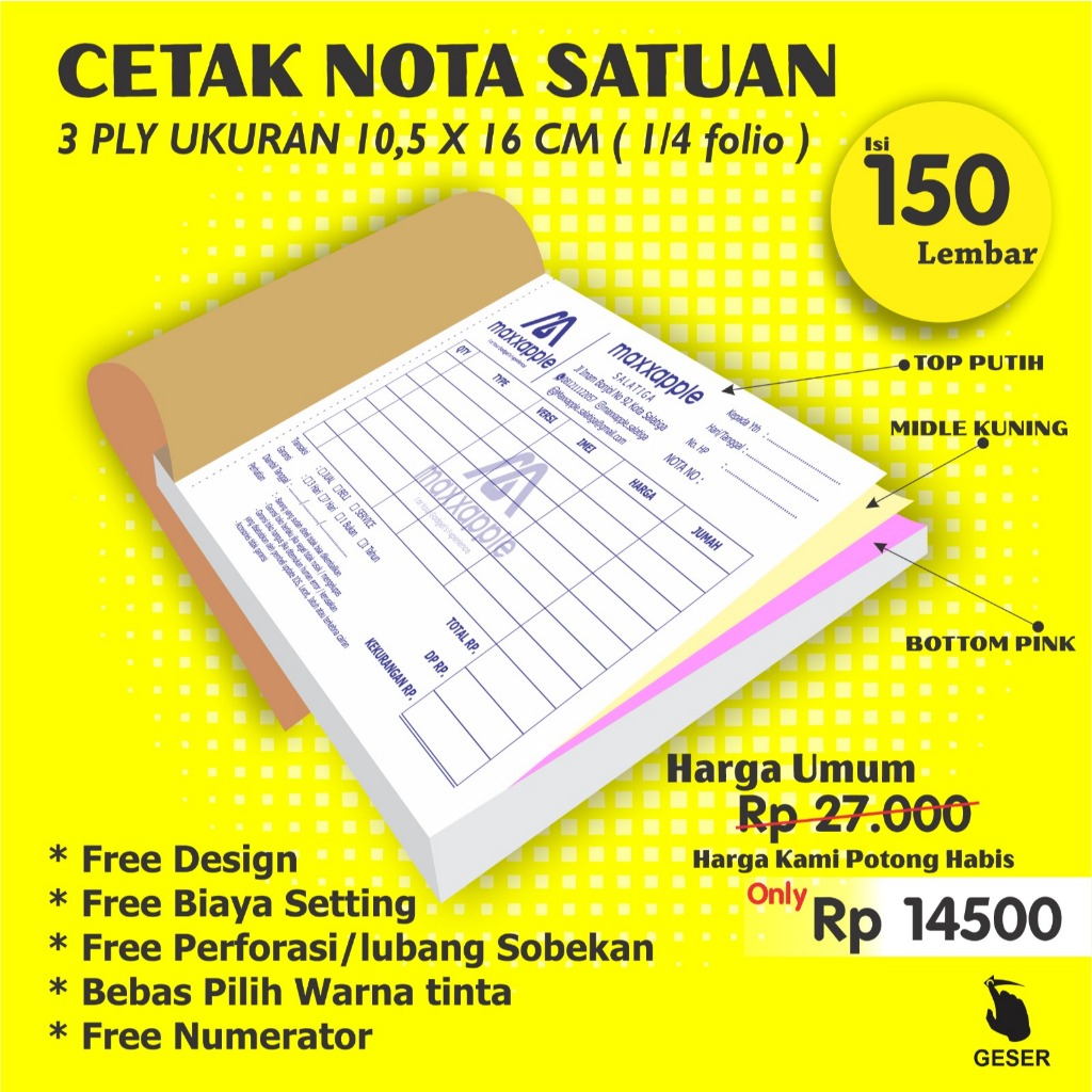 

Nota custom 3 ply 1/4 folio - nota penjualan custom - bebas desain