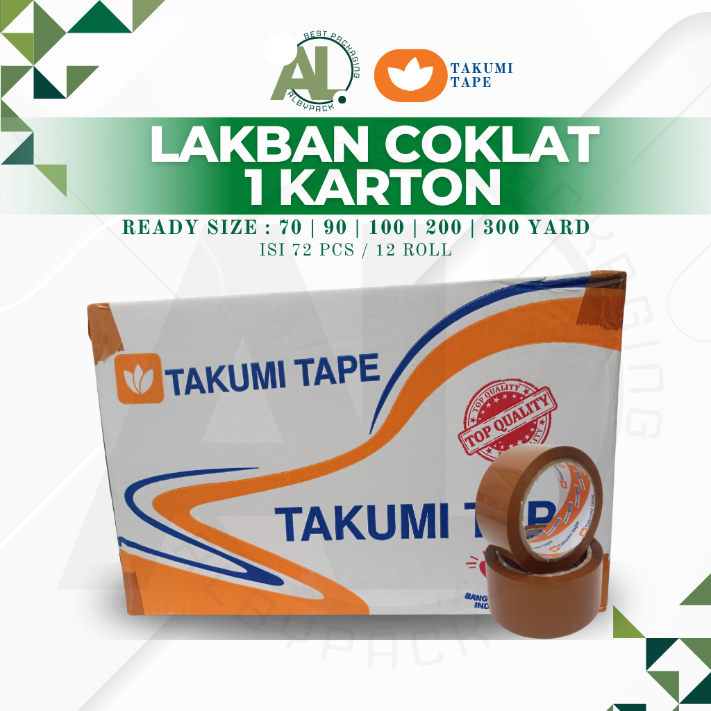 

Lakban Bening / Lakban Coklat 45mm x 100 yard TAKUMI TAPE 1 Dus isi 72 roll Ekonomis