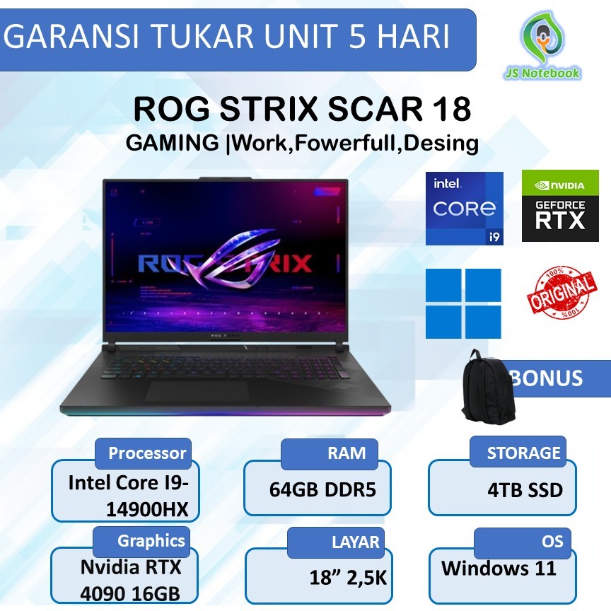ASUS ROG STRIX SCAR 18 G834JYR I9 14900HX RTX4090 16GB/ 64GB 4TB W11+OHS 18.0WQXGA MINILED 240HZ (BO