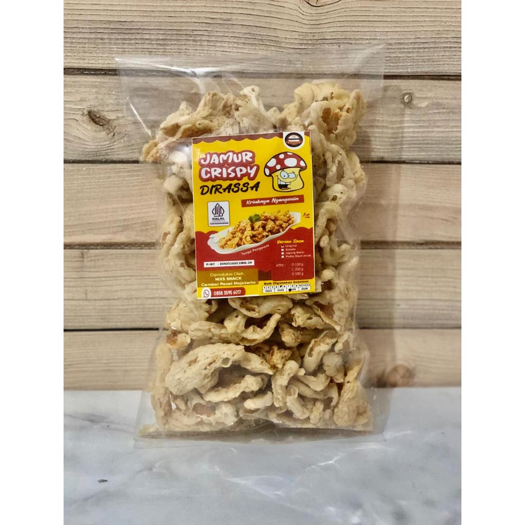 

Keripik Jamur Crispy Dirassa 250gr - jamur krispi - kripik keripik jamur tiram - jamur goreng tepung - camilan cemilan jamur enak gurih