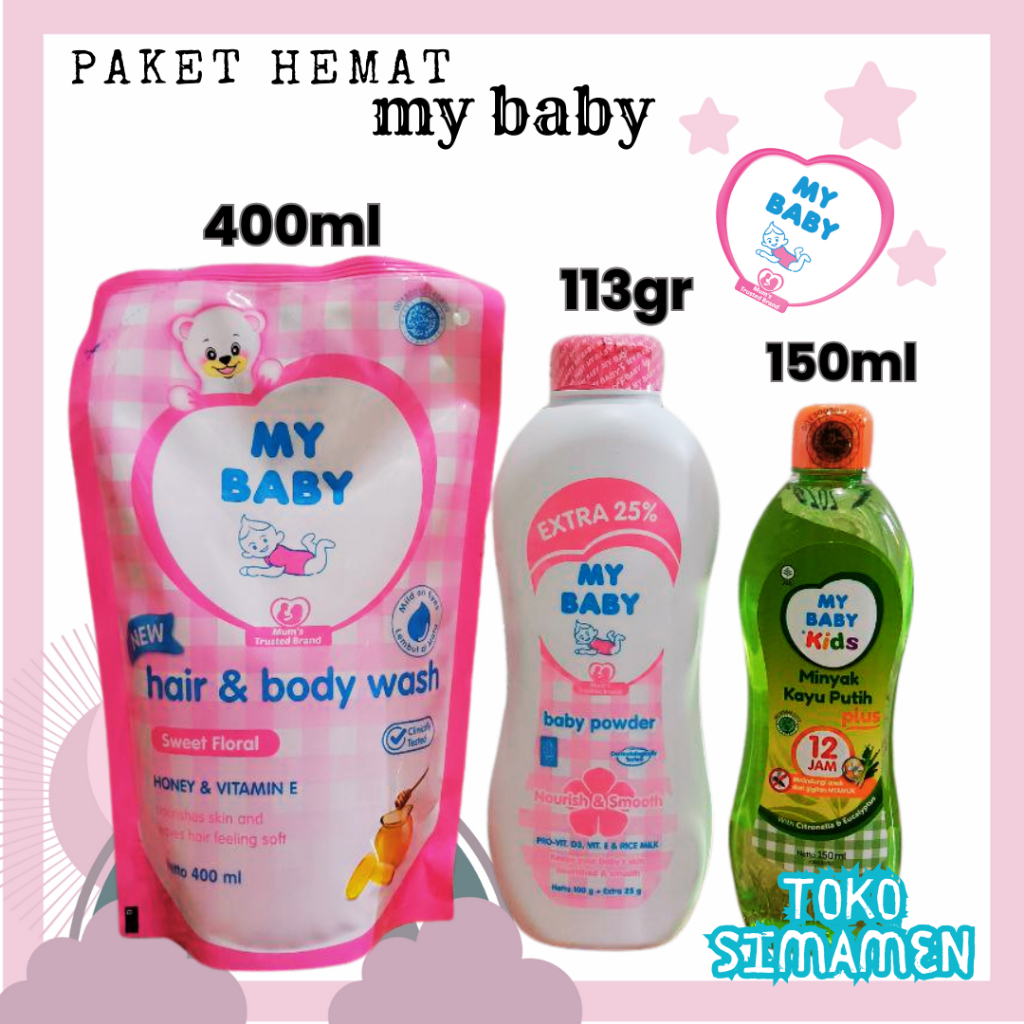 minyak kayu putih my baby 150ml+bedak bayi 113gr+my baby hair & bodywash 400ml | paket hemat my baby