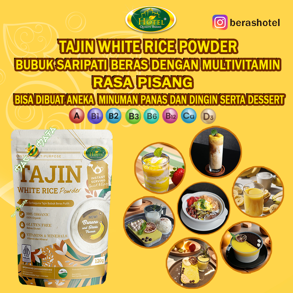

HOTEL Tajin White Rice Powder Banana Flavour - Susu Bubuk Saripati Beras Rasa Pisang + Multivitamin - Multivitamin Milk Rice - Minuman Sereal Tajin