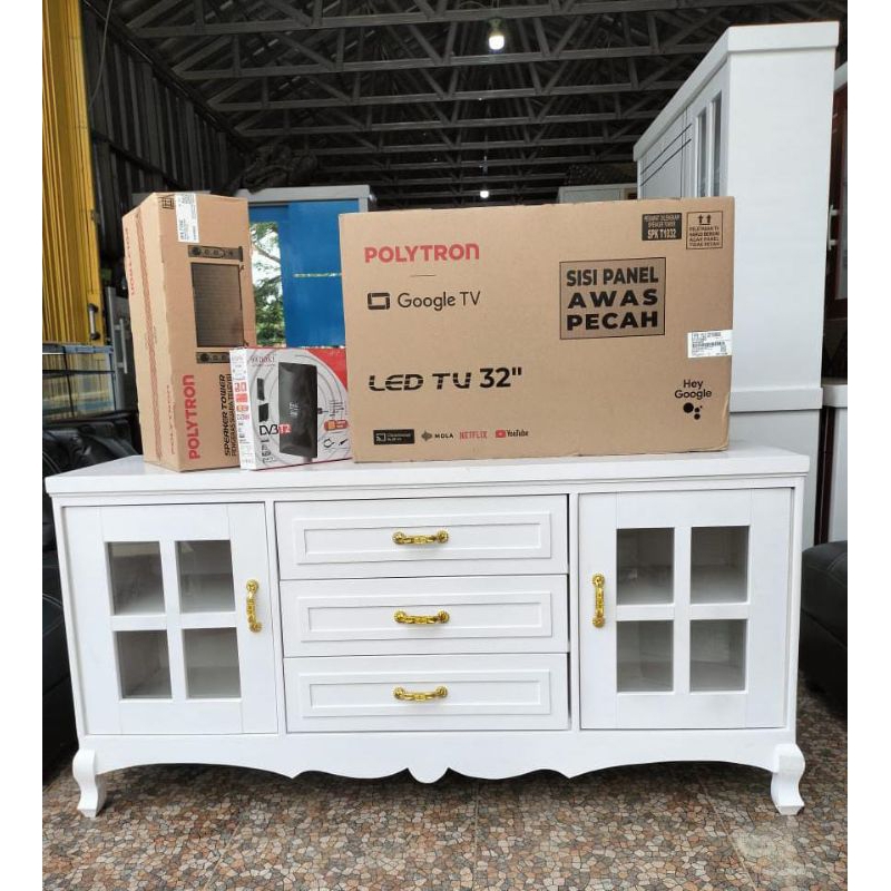Meja Tv Klasik + Tv polytron 32 in speaker android + antena digital