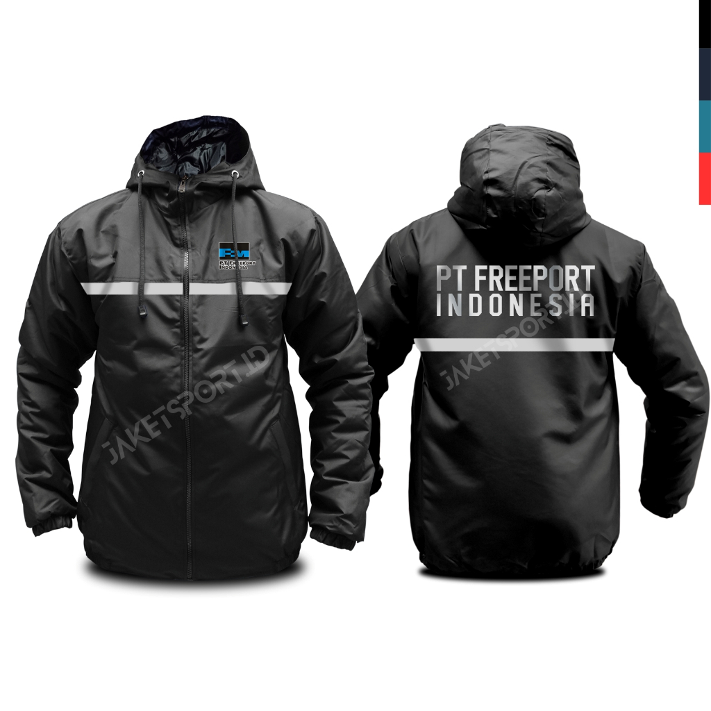 JAKET PT FREEPORT INDONESIA CUSTOM SABLON SCOT LIGHT MENYALA BAHAN PARASUT WINDBREAKERS FREE NAMA