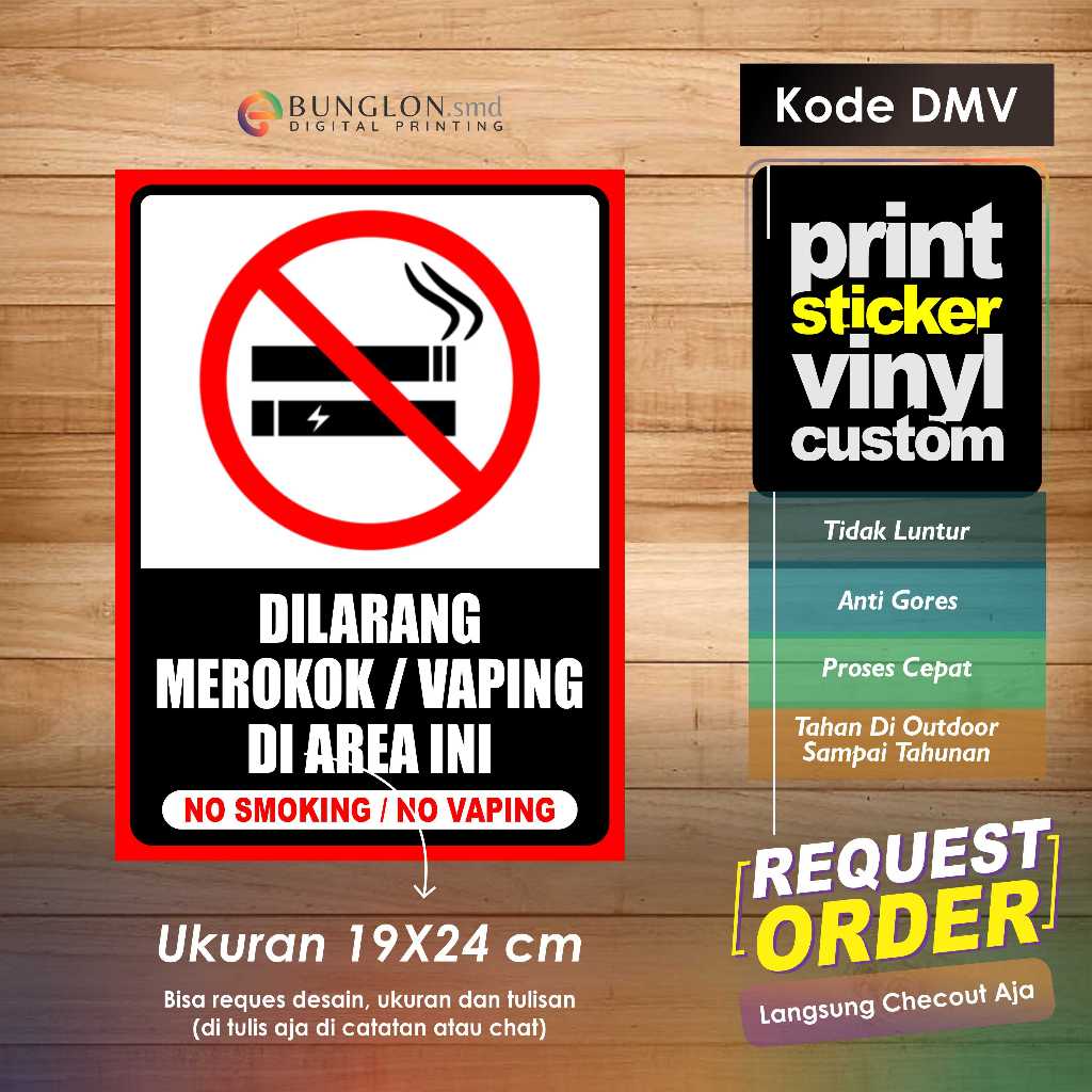 

STIKER DILARANG MEROKOK ATAU VAPING DI AREA INI + LAMINASI KODE DMV HITAM MERAH