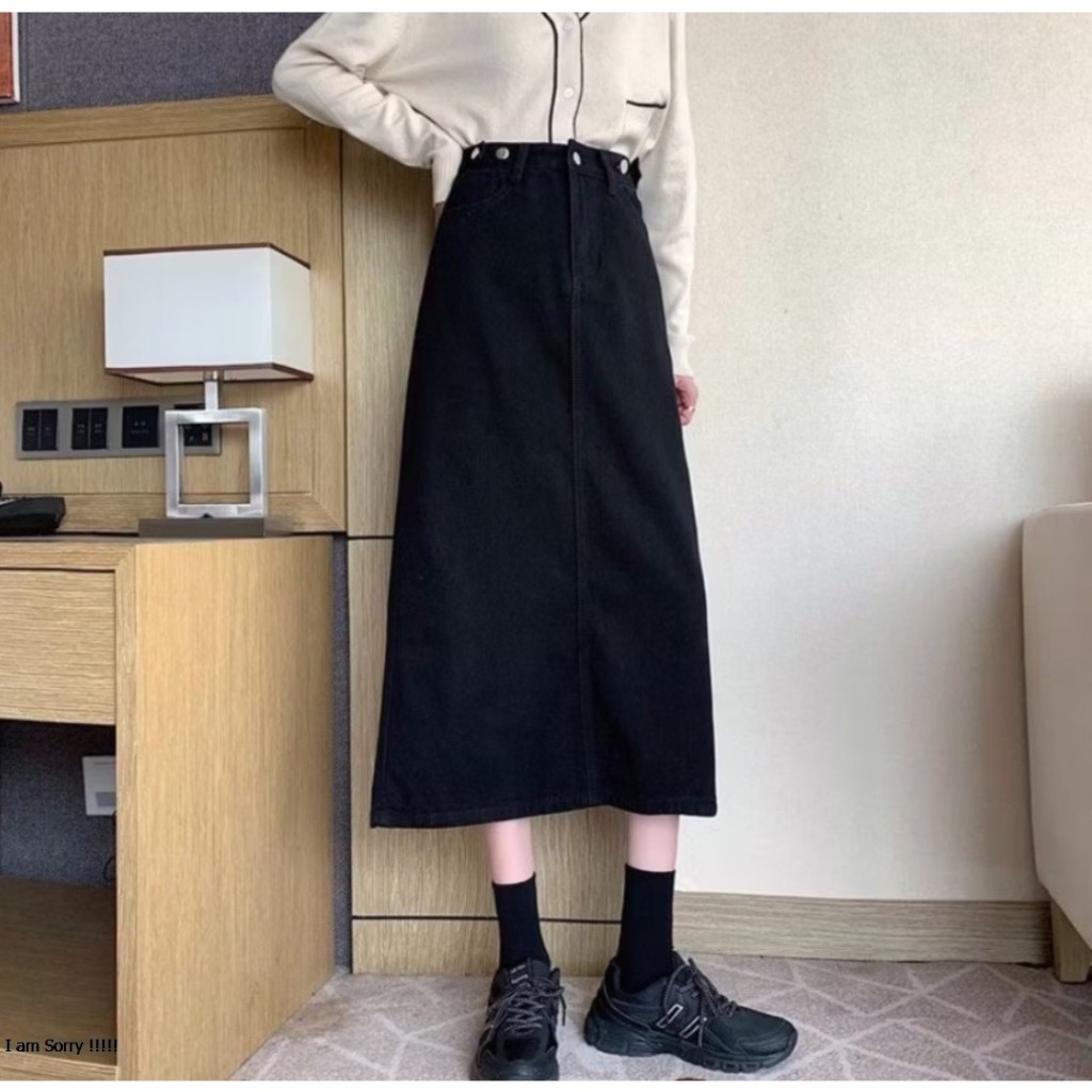 Rok korean Style Panjang A-Line Rok Jeans wanita rok jeans panjang OOTD rok hitam