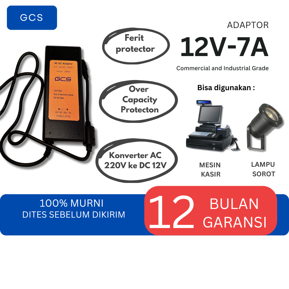 GCS Adaptor AC-DC 12V - 7A Pompa Original Adaptor LED Strip Router Pompa Air CCTV Mesin Kasir Amplif