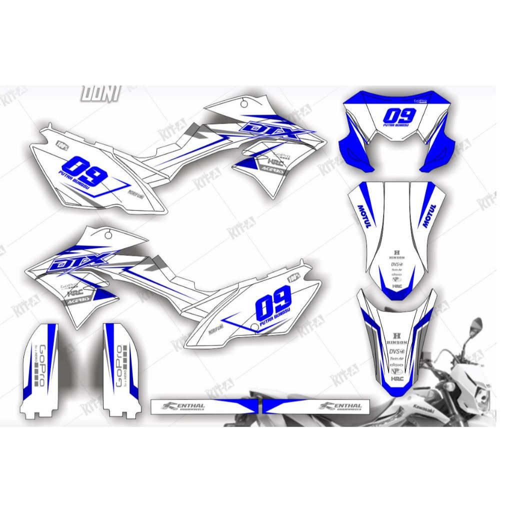 DECAL STIKER MOTOR KAWASAKI NEW DTRACKER 150 MOTIF PUTIH LIST BIRU SIMPEL TERBARU