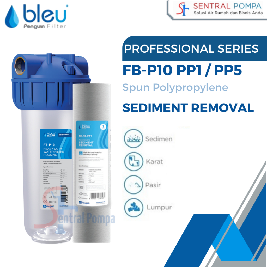 Water Filter Penguin Bleu 10" + PP Cartridge 5 mikron Saringan Air FB-10 PP5 Pro PBF 10 inch Profess