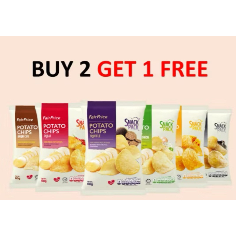 

Buy 2 Get 1 FairPrice Potato Chips Snack Pack 60Gram