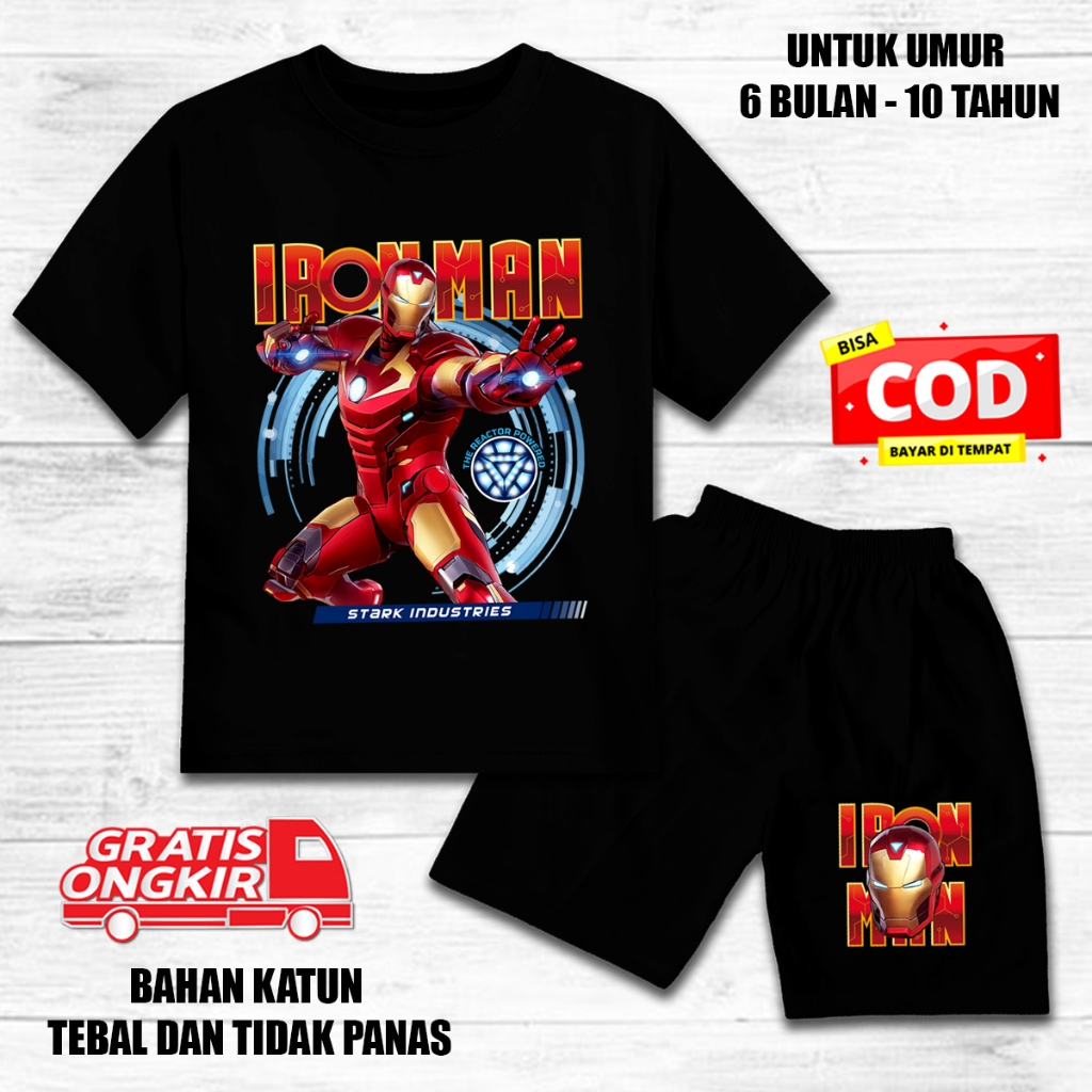 Setelan anak laki laki perempuan lengan pendek set baju kaos pendek anak katun motif iron man 1