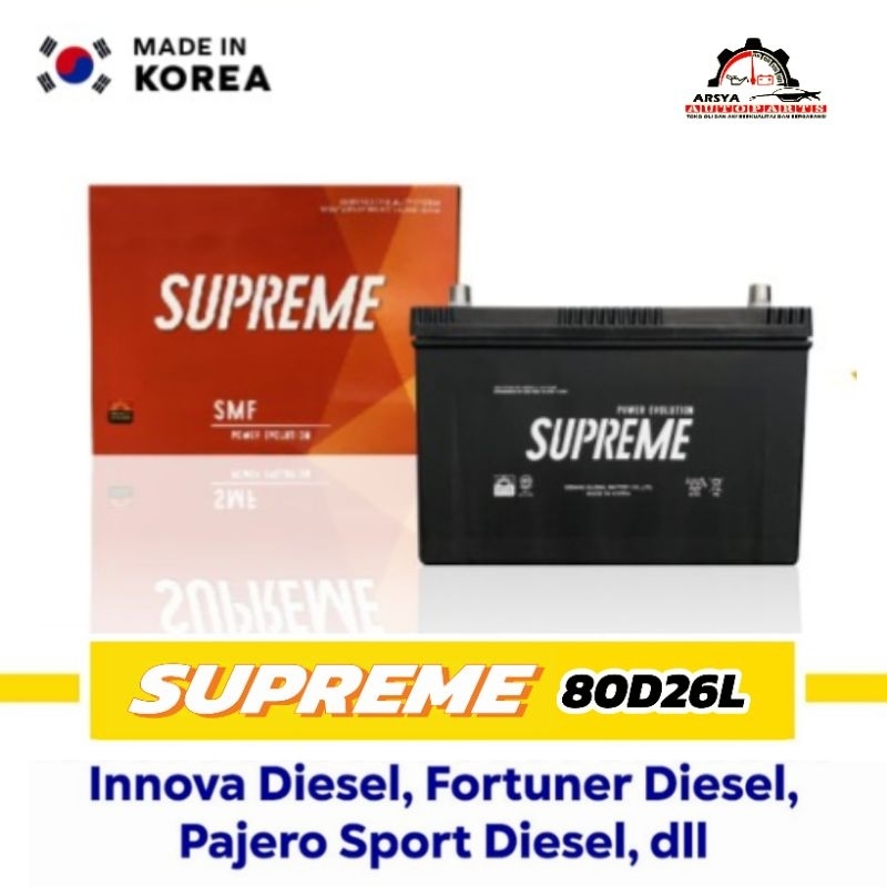 Aki Mobil SUPREME 80D26L Aki KERING 12 V / 70 Ampere (VOUCHER) KHUSUS BANDAR LAMPUNG