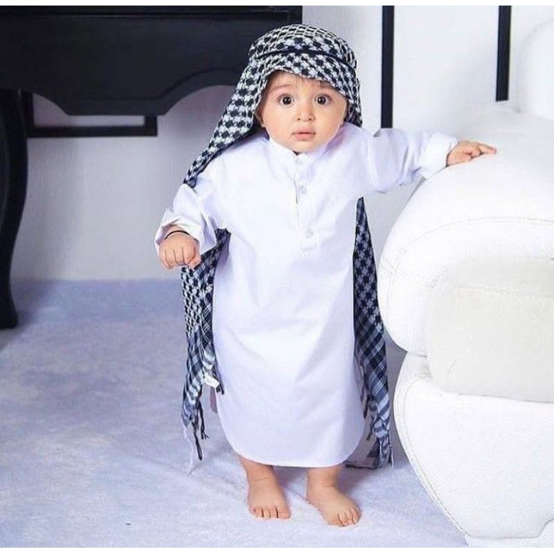 BAJU KOKO ANAK BAYI LENGAN PANJANG SET SORBAN IGAL PECI DAN TASBIH USIA 0-24 BULAN JUBAH SULTAN