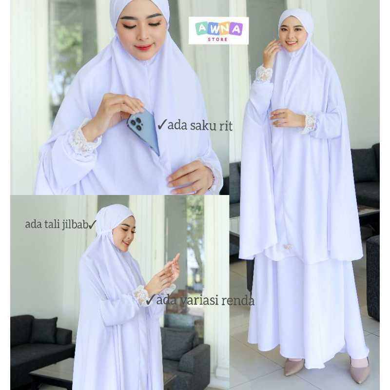 Gamis Putih Syari Polos Set Hijab Wolfis Jilbab Bersaku White Set