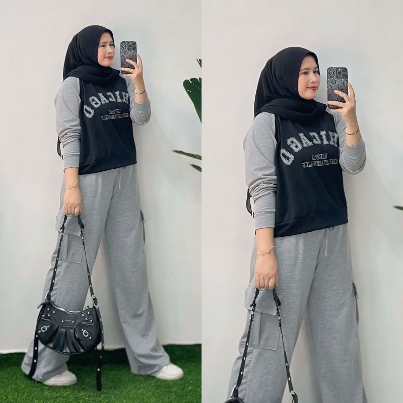 Chicago sporty set warna coklat mocca abu abu kombinasi hitam merah setelan olahraga wanita muslimah