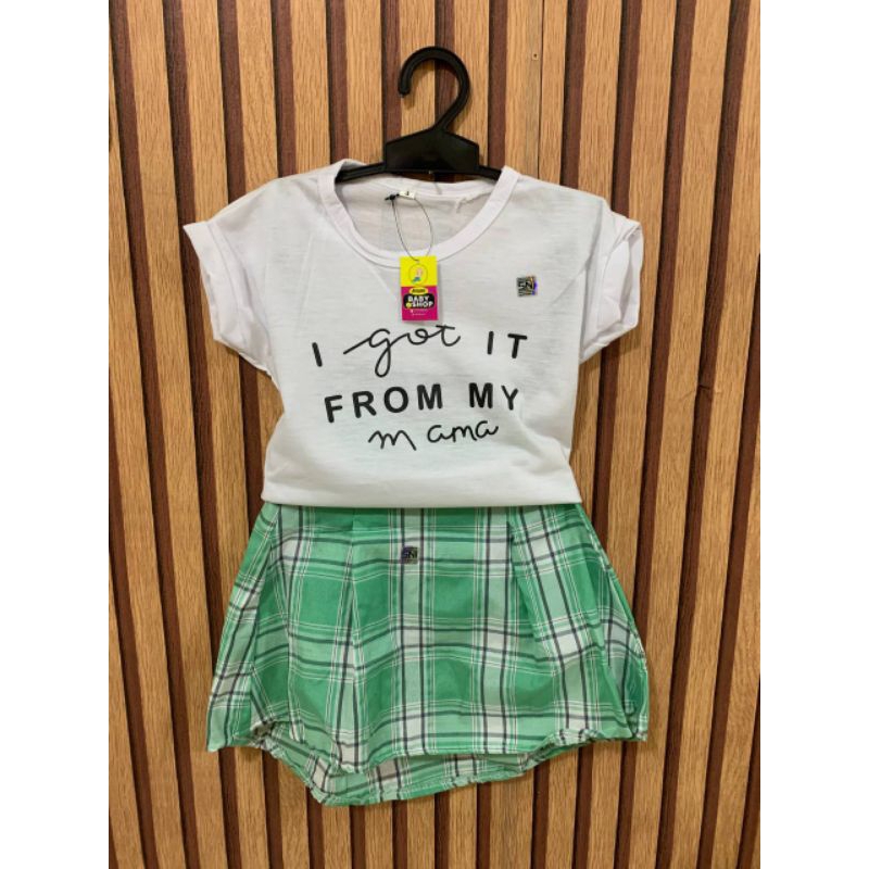 Setelan Anak Kaos Putih Rok Hijau Kotak kotak