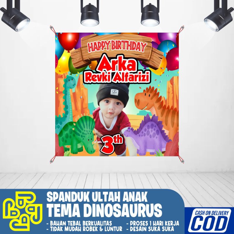 spanduk banner ulang tahun anak dinosaurus 150x100cm bisa COD bayar ditempat