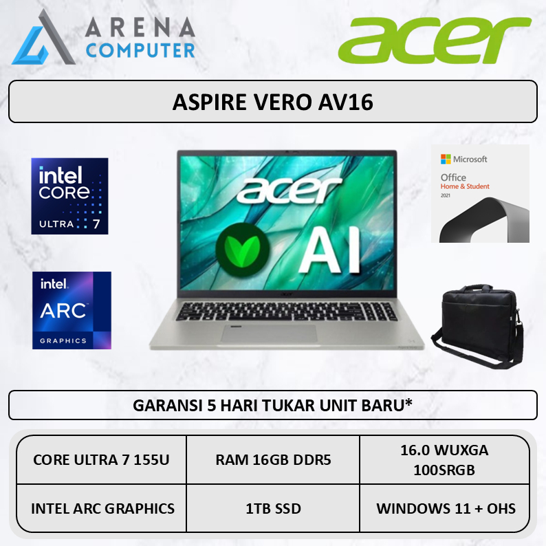 Acer Aspire Vero AV16 Intel Core Ultra 7 155u 16GB 1TB W11 OHS 16.0 WUXGA 100srgb