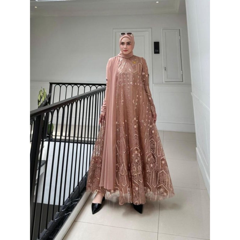 Tasya Gamis pesta set2in1 by Ninona Original - Gamis dengan Bahan full tille lapis bon silk & Hijab 
