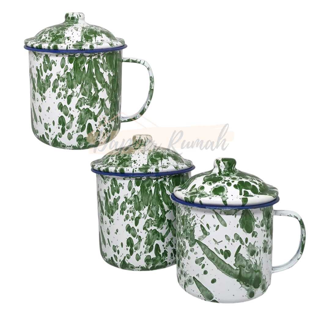 Gelas Mug Tutup Enamel Blirik Hijau/Cangkir Tutup Blirik Jadul