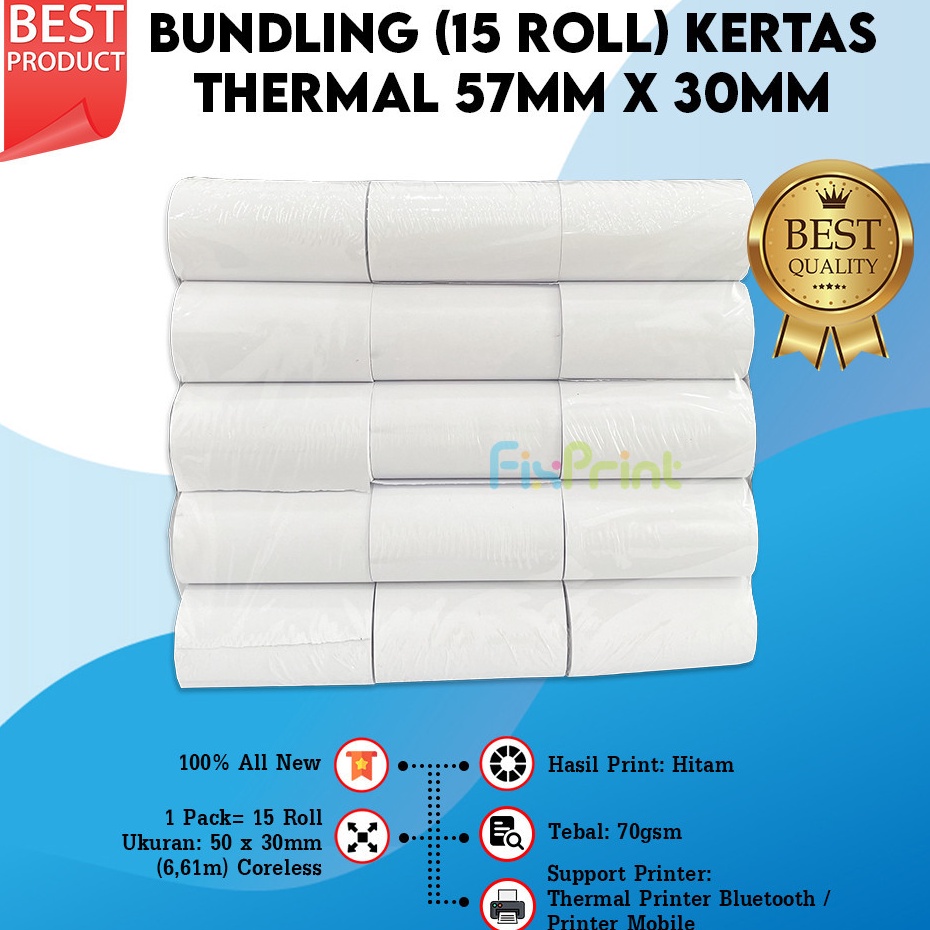 

New Promote Paket 15 Roll Kertas Struk Kasir ukuran 57mm x 3mm 57 mm x 3mm Printer Thermal Iware 58mm EDC Tanpa Core Polos