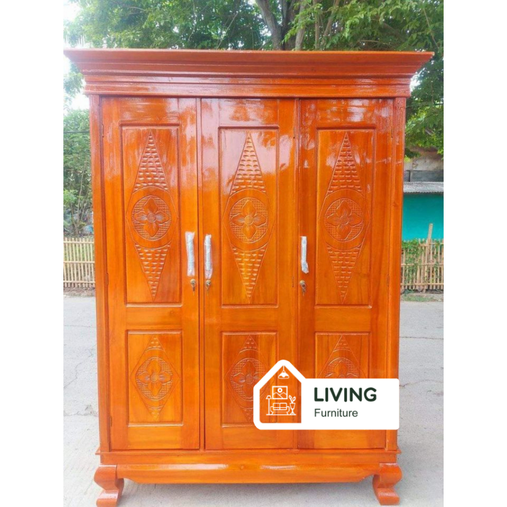 Lemari Baju Gamis / Lemari Pakaian Kayu Jati 3 Pintu Minimalis / Lemari Baju Type Classic