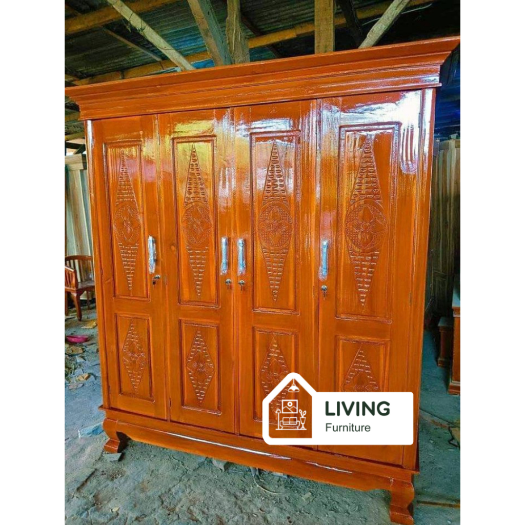 Lemari Baju Gamis / Lemari Pakaian Kayu Jati 4 Pintu Minimalis / Lemari Baju Type Classic