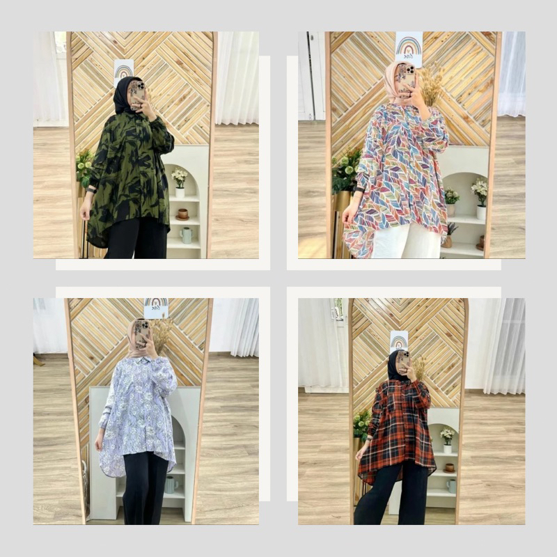 KEMEJA ATASAN BLOUSE OVERSIZE WANITA JUMBO KATUN RAYON MOTIF FLORAL BUNGA ABSTRAK ETNIK SALUR STRIPE