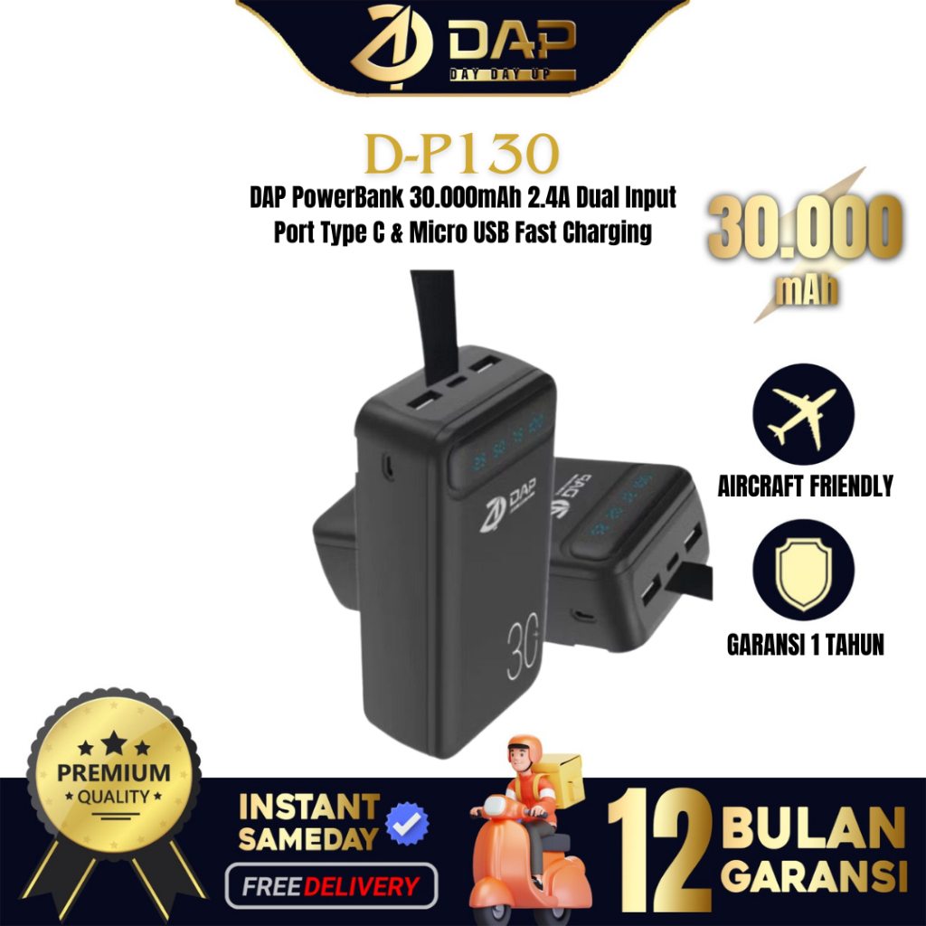 DAP D-P130 PowerBank 30.000mAh 2.4A Dual Input Port Type C & Micro USB Fast Charging