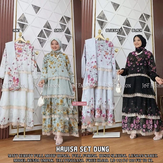 GAMIS SET HAVISA SET DUNG Matt Ceruty Full Motif Bunga, Full Furing, Busui Sleting, Lengan Karet, Mo